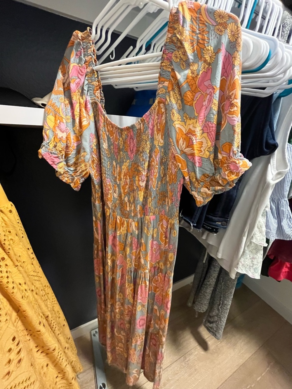 Floral Puff-Sleeve Maxi Dress in Pink & Mustard